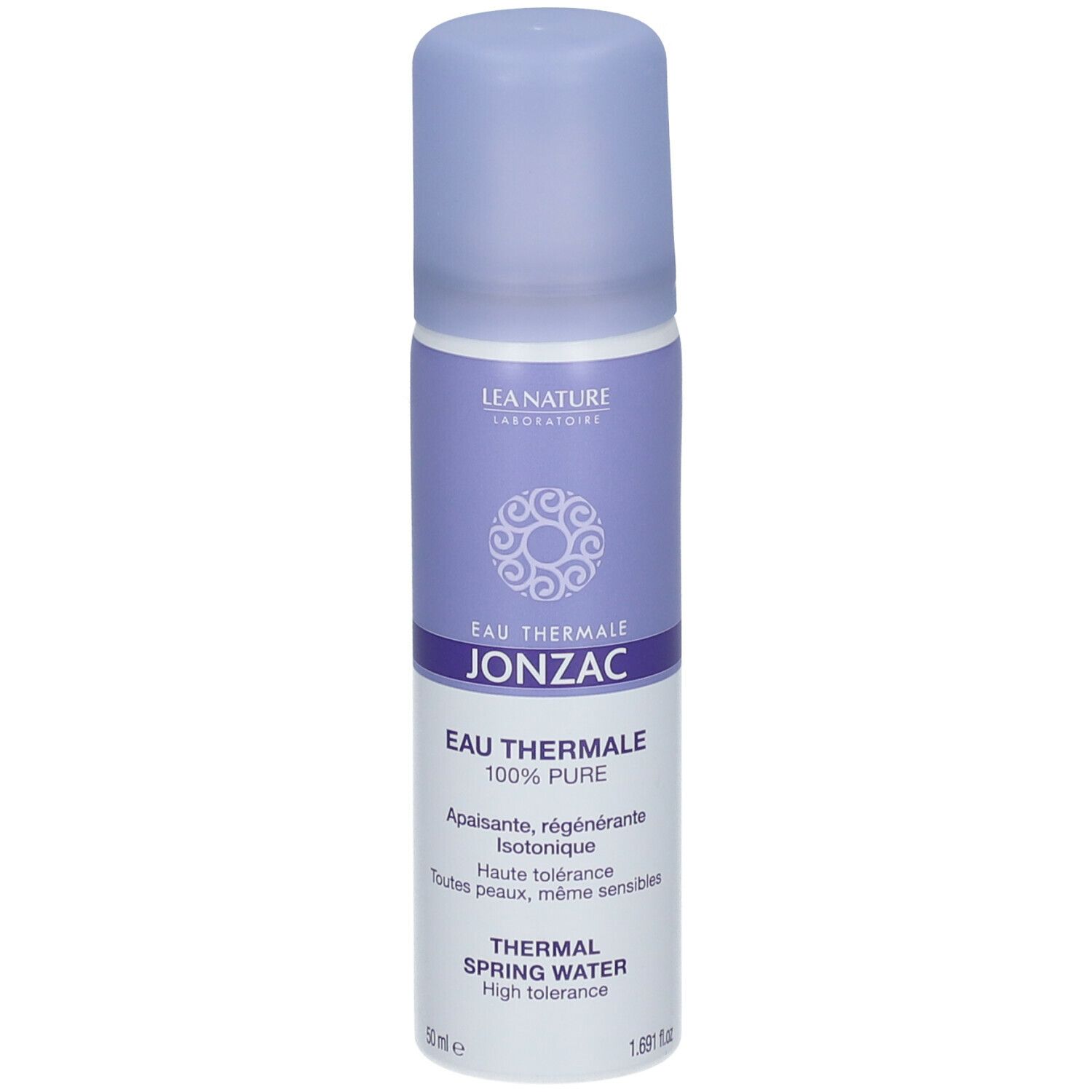 Flacone spray con tappo viola. Scritta: Eau Thermale Jonzac. Testo: 100% Pure, Thermal Spring Water. Isotonico, lenitivo.