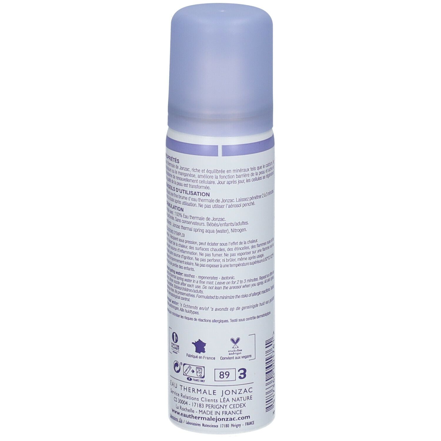 Retro del flacone spray. Testo: Ingredienti, consigli per l'uso, formulazione. Loghi: Vegano, Francia, riciclo.
