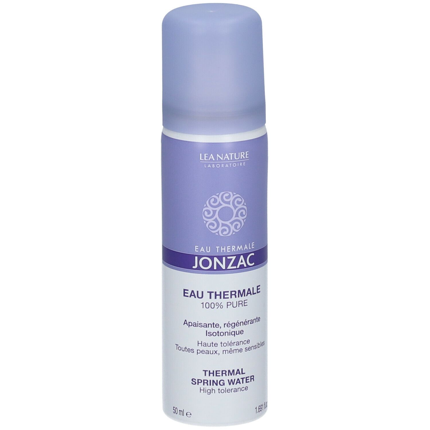 Flacone spray con tappo viola. Scritta: Eau Thermale Jonzac. Testo: 100% Pure, Thermal Spring Water. Isotonico, lenitivo.