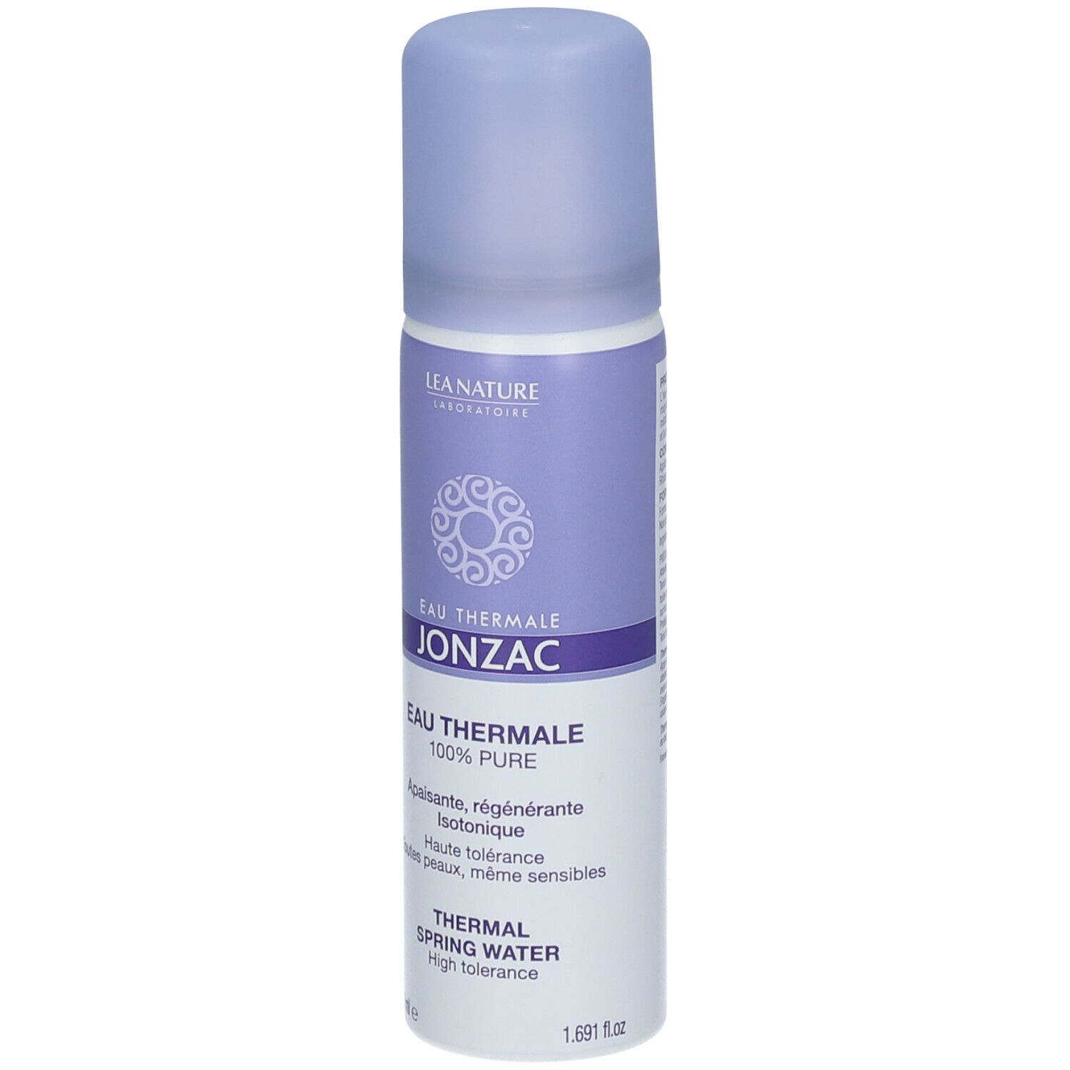 Flacone spray con tappo viola. Scritta: Eau Thermale Jonzac. Testo: 100% Pure, Thermal Spring Water. Isotonico, lenitivo.