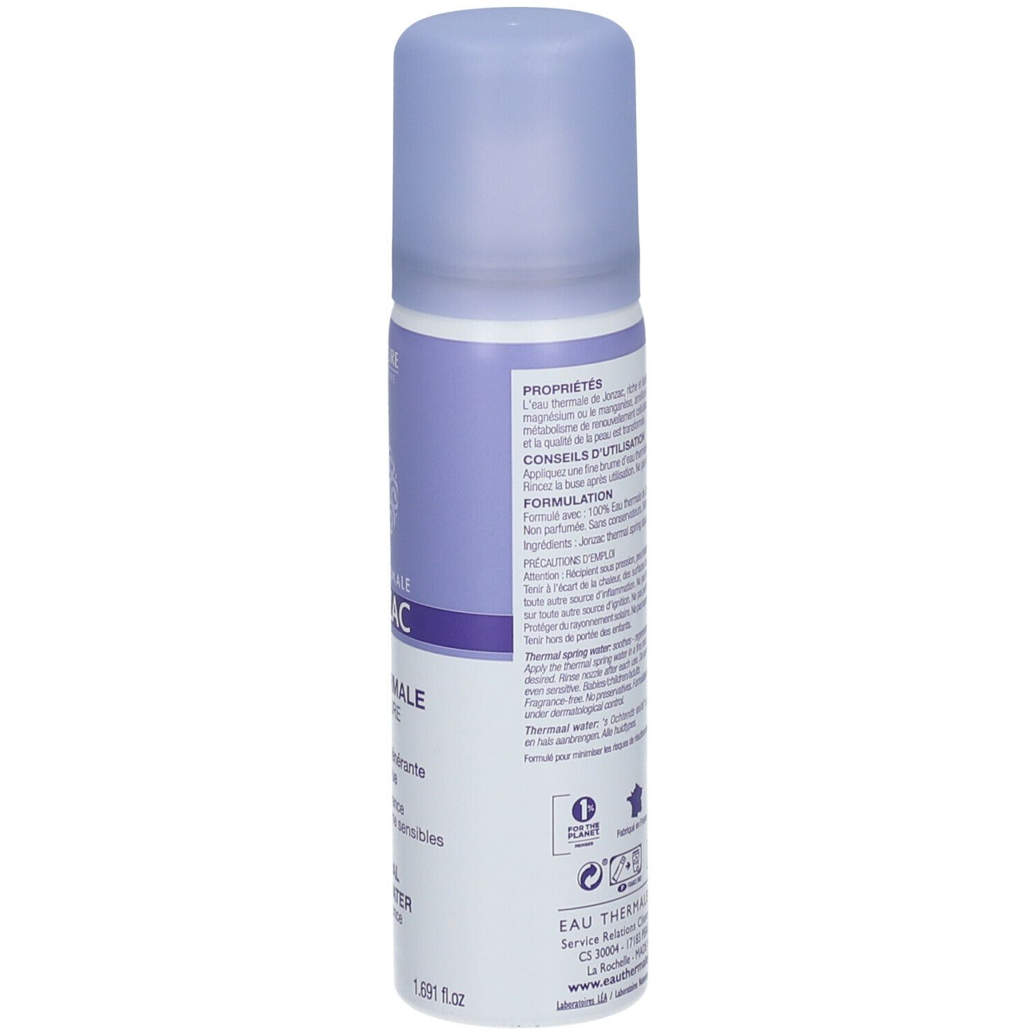 Retro del flacone spray. Testo: Ingredienti, consigli per l'uso, formulazione. Loghi: Vegano, Francia, riciclo.