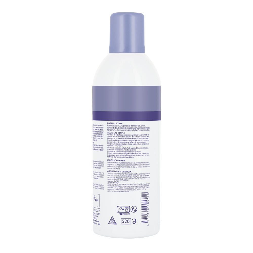 Rückseite einer weißen Flasche mit lila Verschluss. Text in mehreren Sprachen. Logos und Symbole.