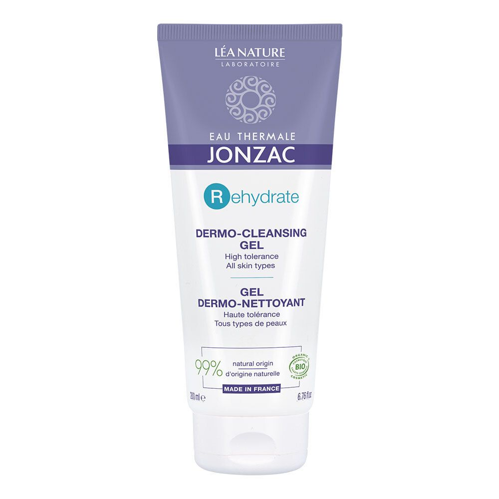 Tubo di gel dermo-detergente Rehydrate Jonzac. Tubo bianco, tappo e testo viola. Certificazione bio visibile.