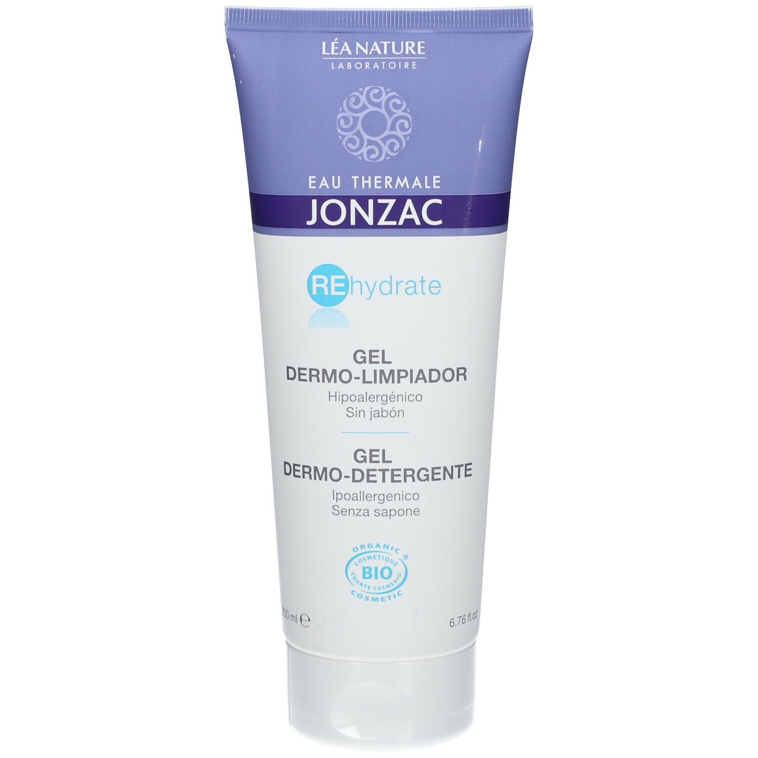 Tubo di gel dermo-detergente Rehydrate Jonzac. Tubo bianco, tappo e testo viola. Certificazione bio.