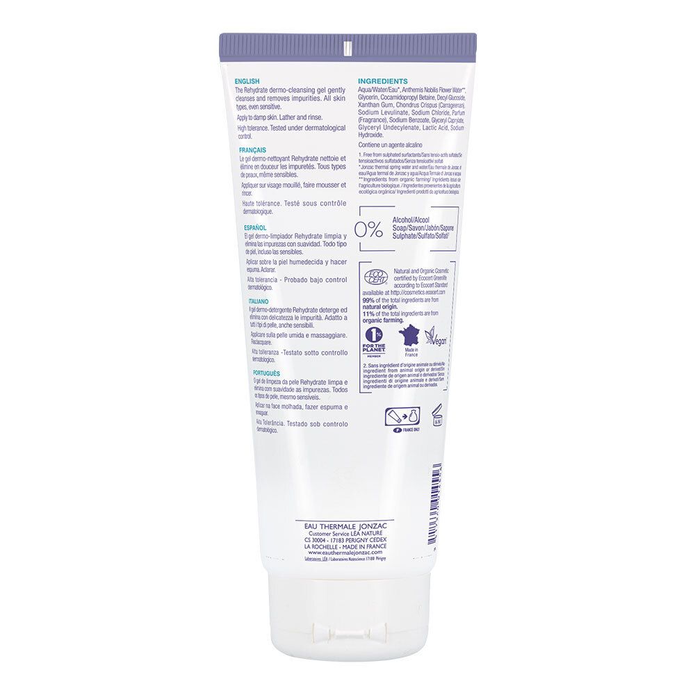 Retro del gel dermo-detergente Rehydrate Jonzac. Testo multilingue. Ingredienti e certificazione bio.