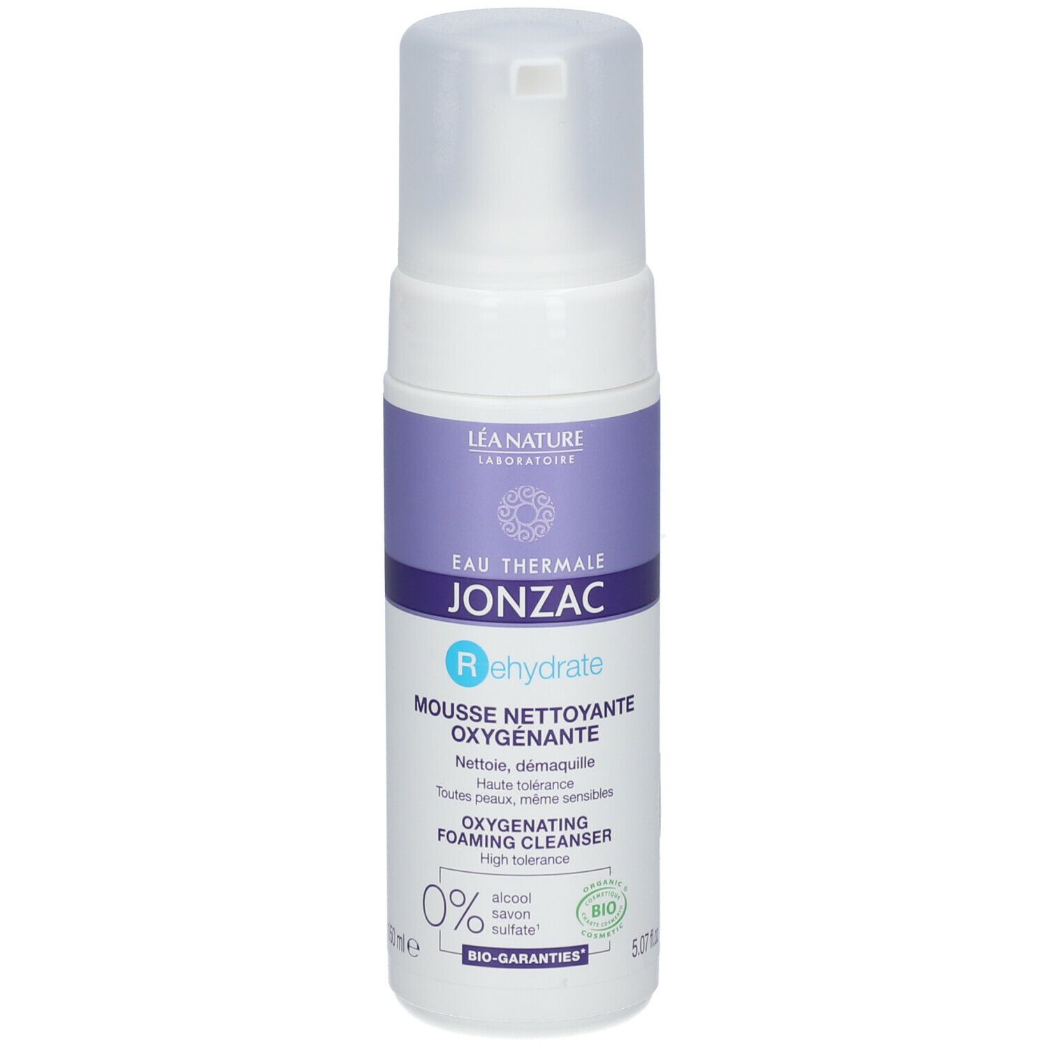 Flacone bianco con etichetta viola. Testo: Eau Thermale Jonzac, Rehydrate, Mousse Nettoyante Oxygénante. Bio, 150ml.