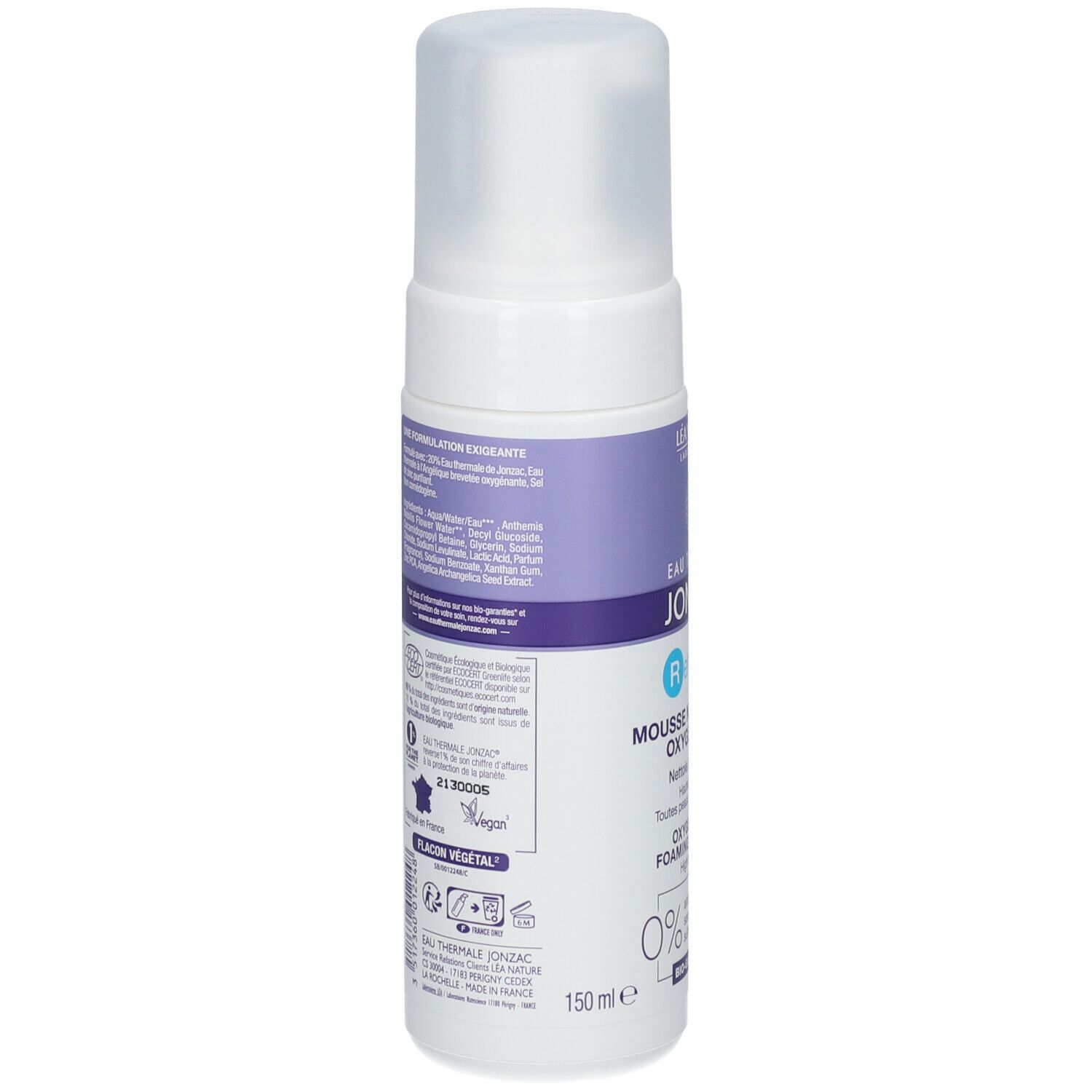 Retro del flacone bianco. Testo: ingredienti, certificazioni, Flacon Végétal, 150ml. Loghi: Bio-Garanties, Francia.