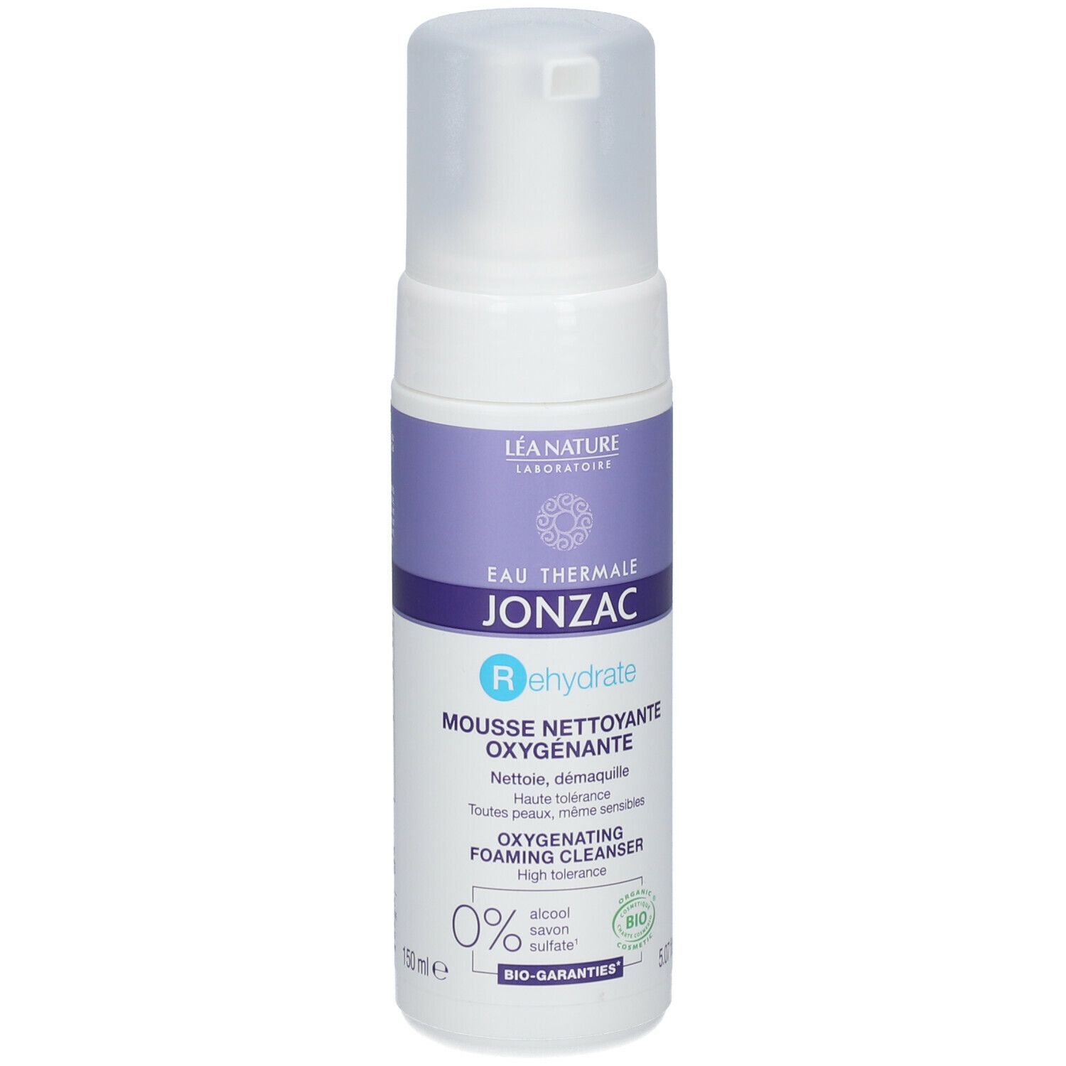 Flacone bianco con etichetta viola. Testo: Eau Thermale Jonzac, Rehydrate, Mousse Nettoyante Oxygénante. Bio, 150ml.