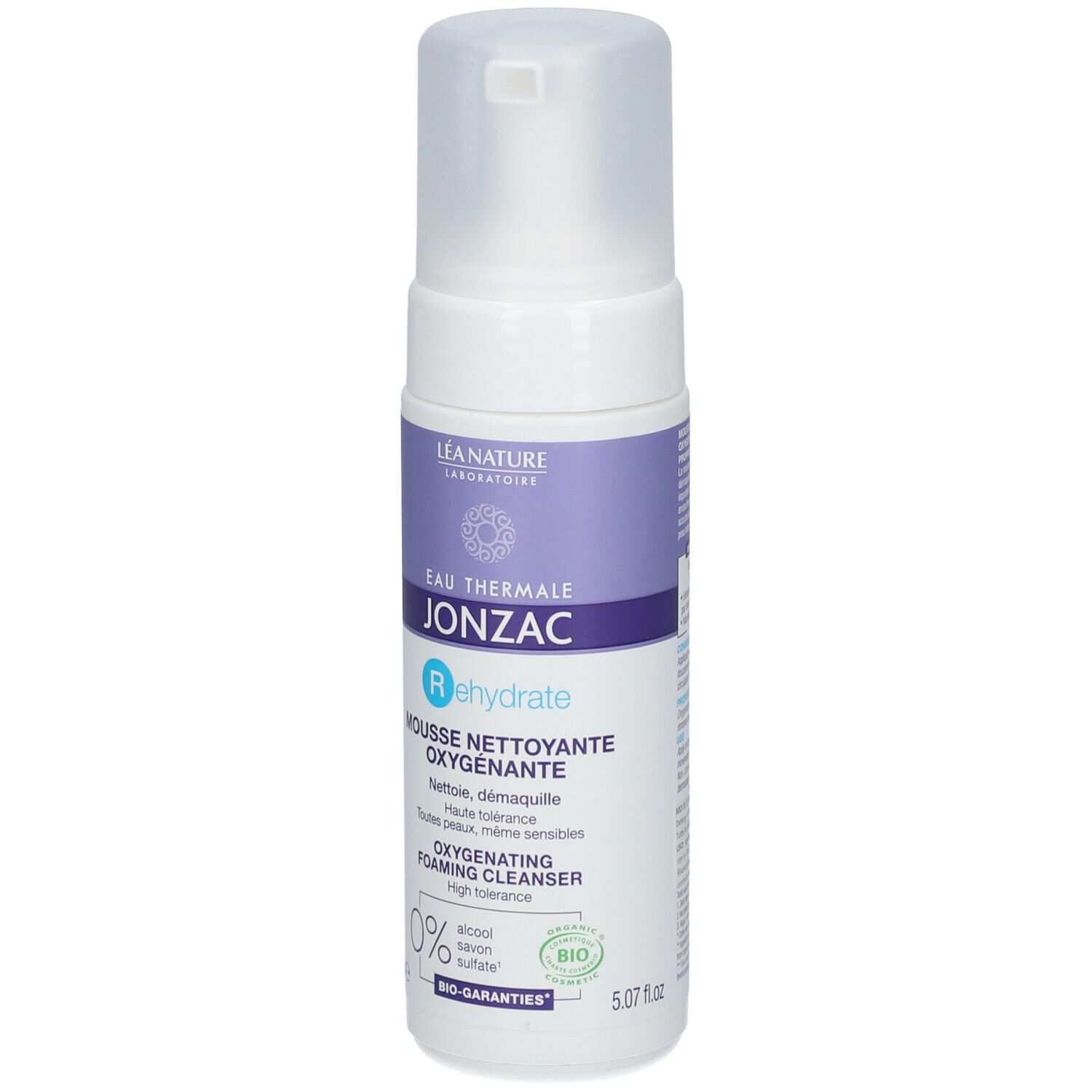 Flacone bianco con etichetta viola. Testo: Eau Thermale Jonzac, Rehydrate, Mousse Nettoyante Oxygénante. Bio, 150ml.