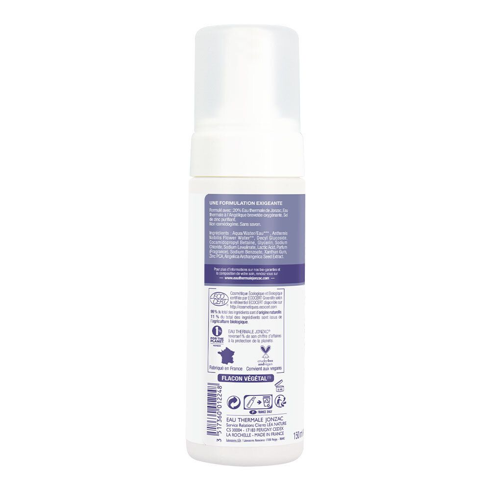 Retro del flacone bianco. Testo: ingredienti, certificazioni, Flacon Végétal, 150ml. Loghi: Bio-Garanties, Francia.