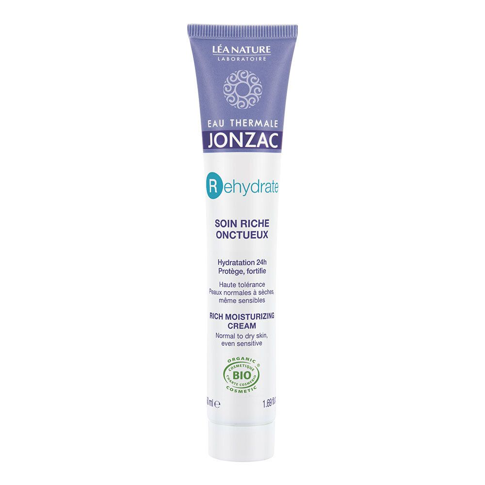 Tubo crema Eau Thermale Jonzac Rehydrate. Tubo viola con tappo bianco. Certificazione bio.