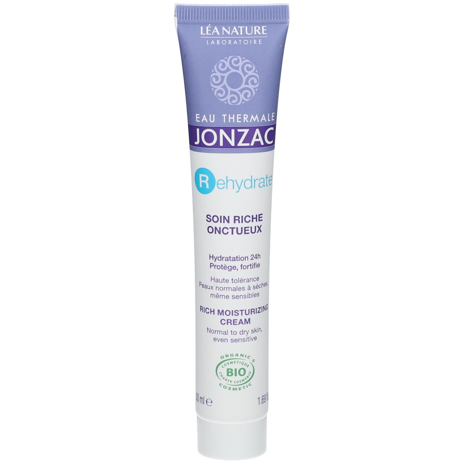 Tubo crema Eau Thermale Jonzac Rehydrate. Tubo viola con tappo bianco. Certificazione bio.