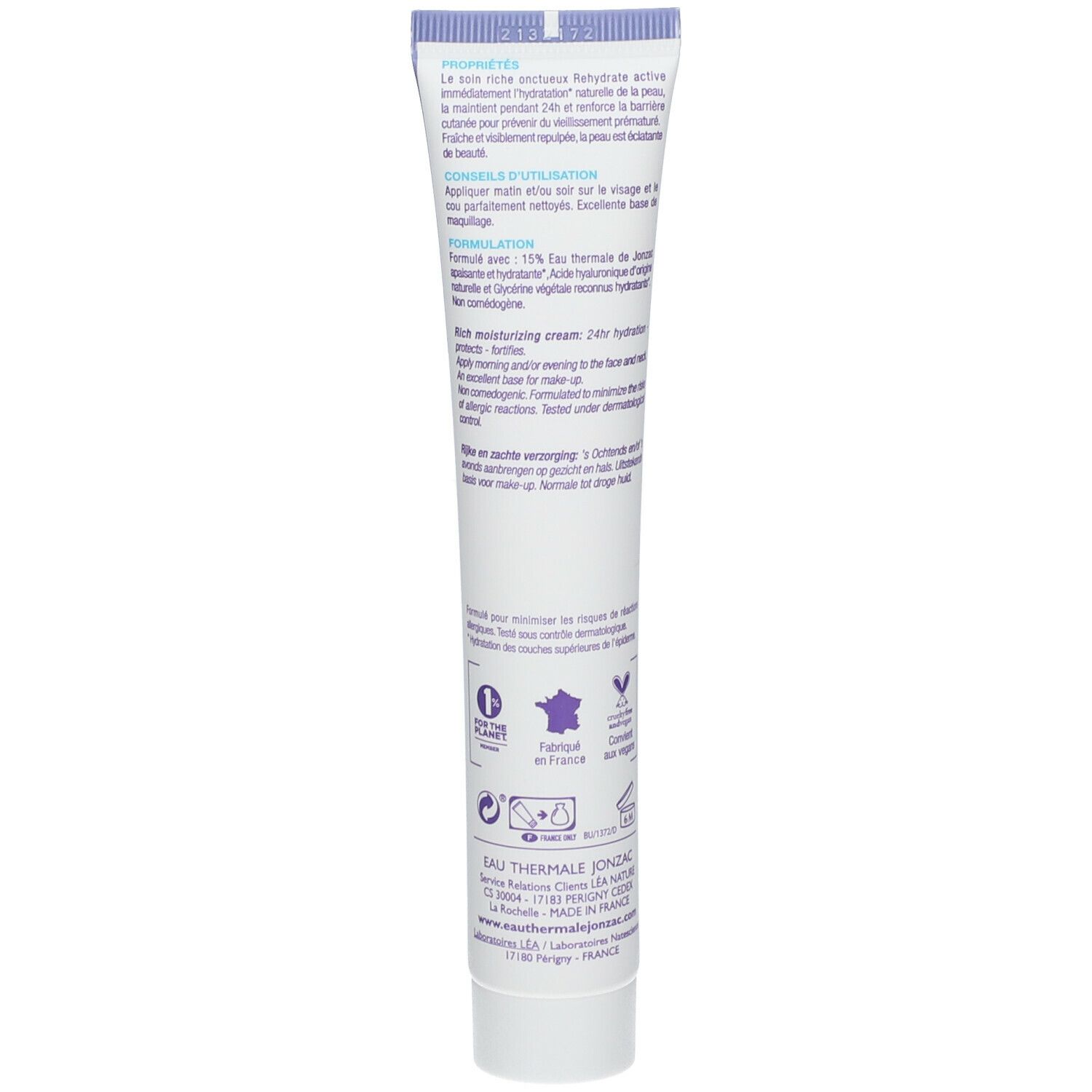 Retro del tubo crema Eau Thermale Jonzac Rehydrate. Istruzioni, certificazioni.