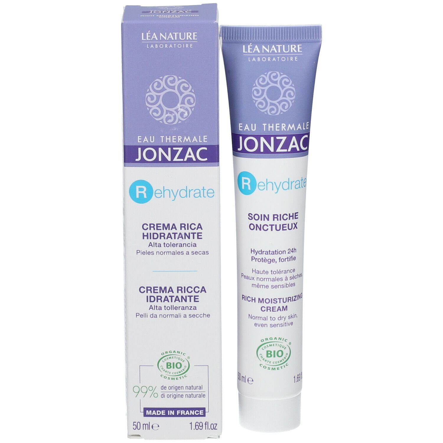 Prodotto e confezione Eau Thermale Jonzac Rehydrate. Tubo e scatola affiancati.