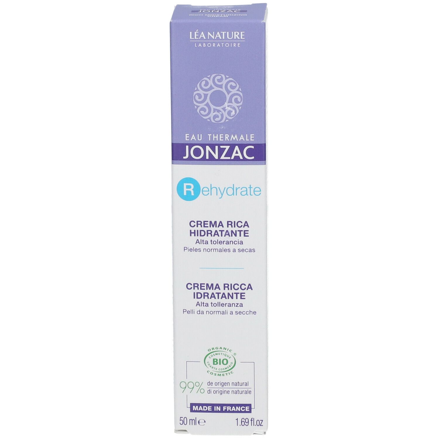 Scatola Eau Thermale Jonzac Rehydrate. Confezione crema. Certificazione bio. Prodotto in Francia.