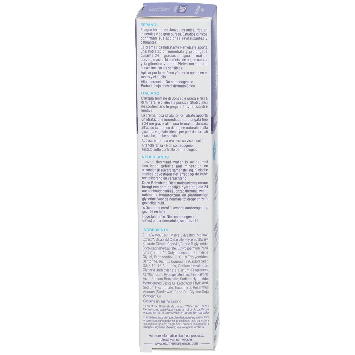 Retro confezione Eau Thermale Jonzac Rehydrate. Ingredienti, istruzioni, certificazioni.