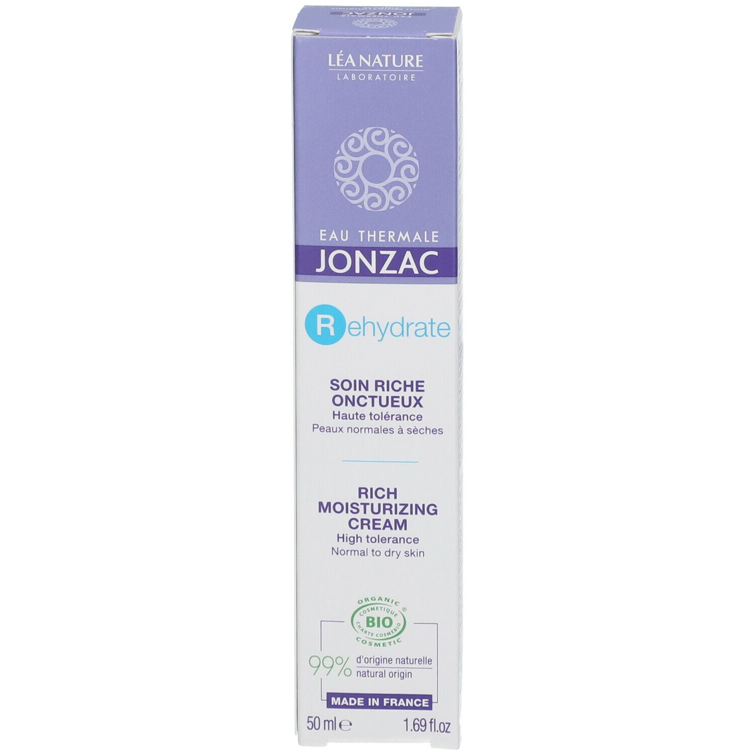 Scatola Eau Thermale Jonzac Rehydrate. Confezione crema. Certificazione bio. Prodotto in Francia.