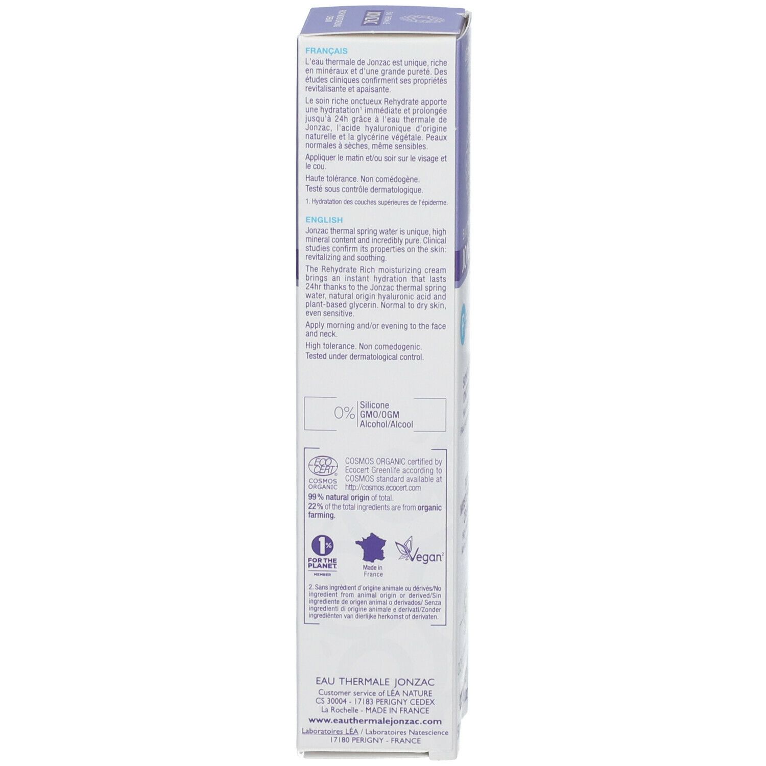 Retro confezione Eau Thermale Jonzac Rehydrate. Ingredienti, istruzioni, certificazioni.
