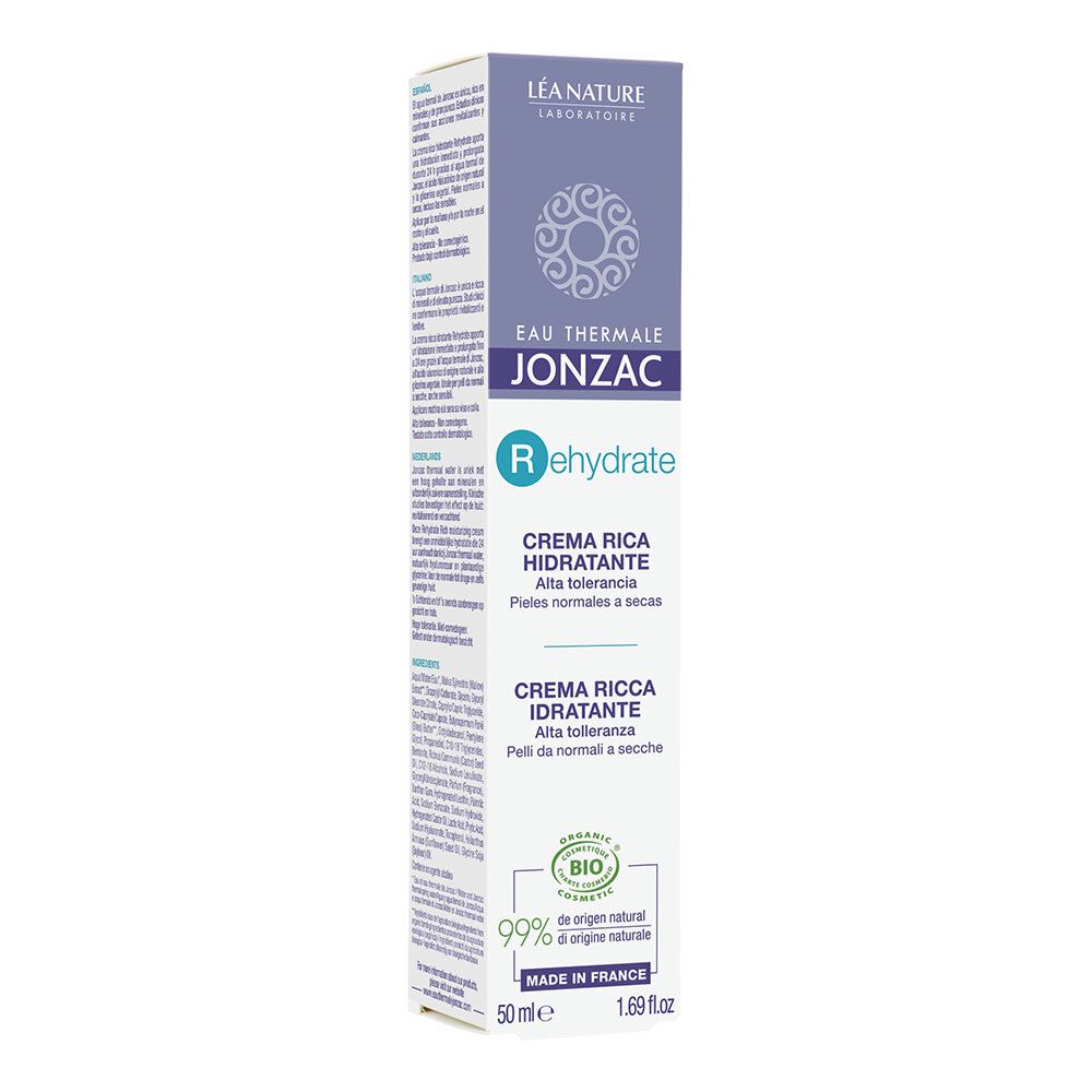 Scatola Eau Thermale Jonzac Rehydrate. Confezione crema. Certificazione bio. Prodotto in Francia.