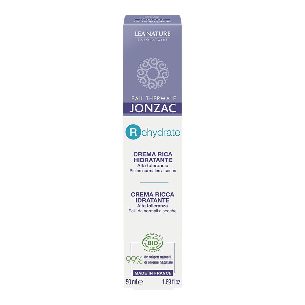 Scatola Eau Thermale Jonzac Rehydrate. Confezione crema. Certificazione bio. Prodotto in Francia.