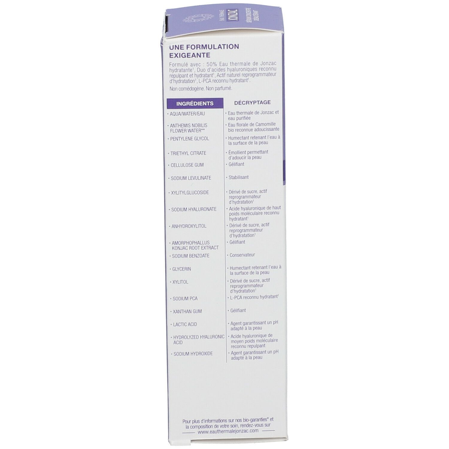 Confezione. EAU THERMALE JONZAC Rehydrate Hydrating Serum. Ingredienti. Informazioni sul prodotto. Testo multilingue.