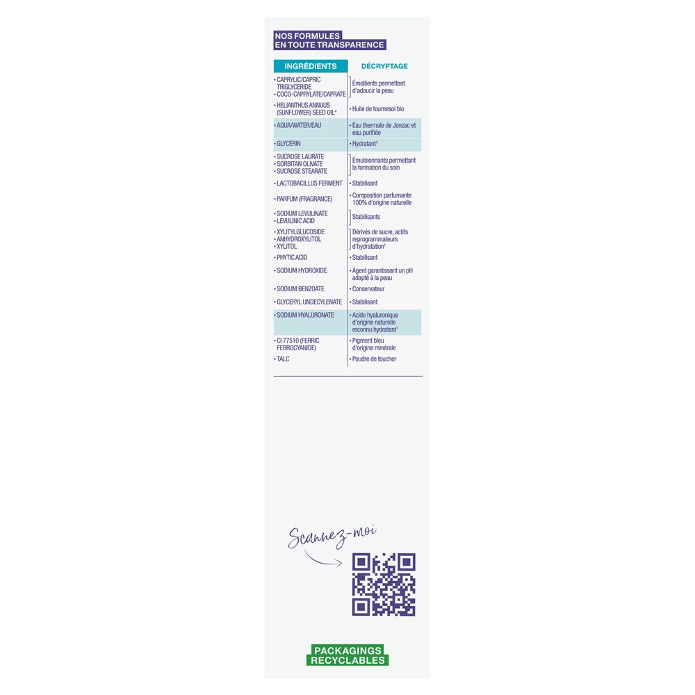 Rückseite der Verpackung. Inhaltsstoffe und QR-Code. Text: Verpackungen recycelbar.