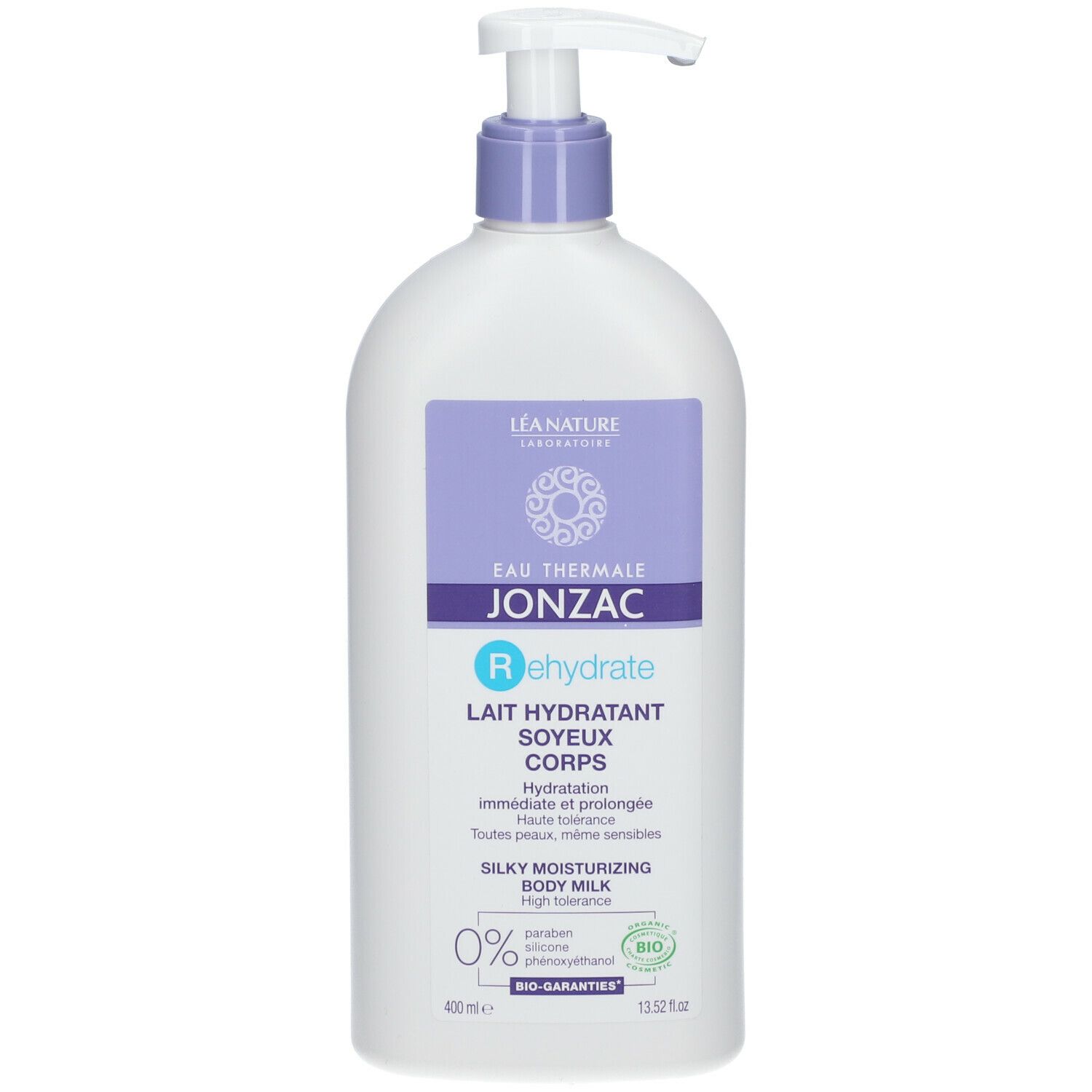 Flacone bianco con dosatore a pompa. Etichetta con nome del prodotto e logo. Testo: Eau Thermale Jonzac Rehydrate Lait Hydratant Soyeux Corps.