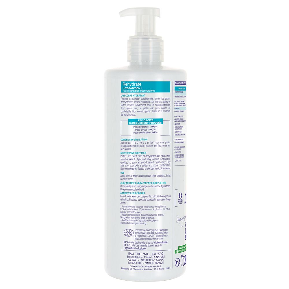 Rückseite der weißen Flasche. Textinformationen, Inhaltsstoffe und Anweisungen. Bio-Zertifizierung.