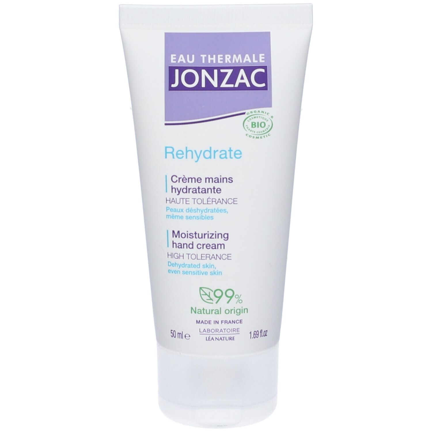 Weiße Tube mit lila Aufdruck. Enthält Eau Thermale Jonzac, Rehydrate Crème mains hydratante. Bio-Zertifizierung.