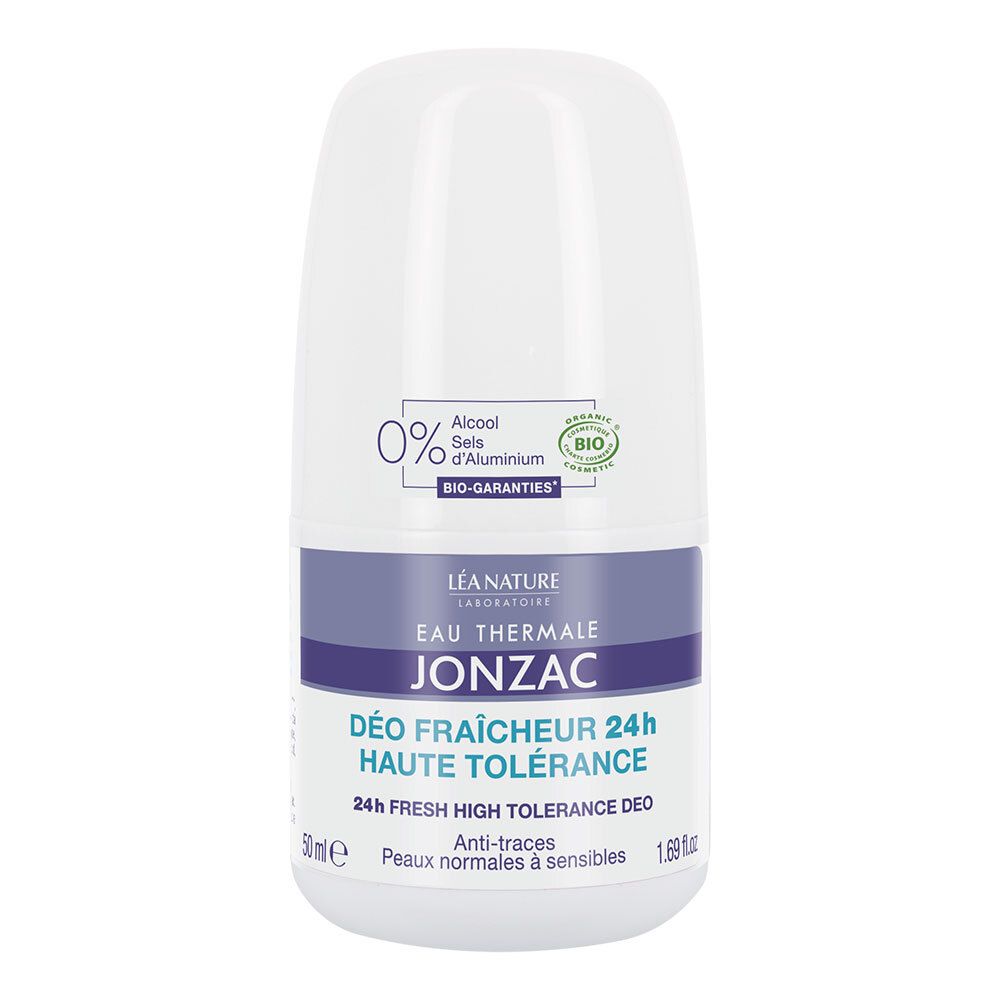 Deodorante roll-on bianco con dettagli viola. Testo: Eau Thermale Jonzac, Déo Fraîcheur 24h Haute Tolérance. 0% alcool, senza sali di alluminio.
