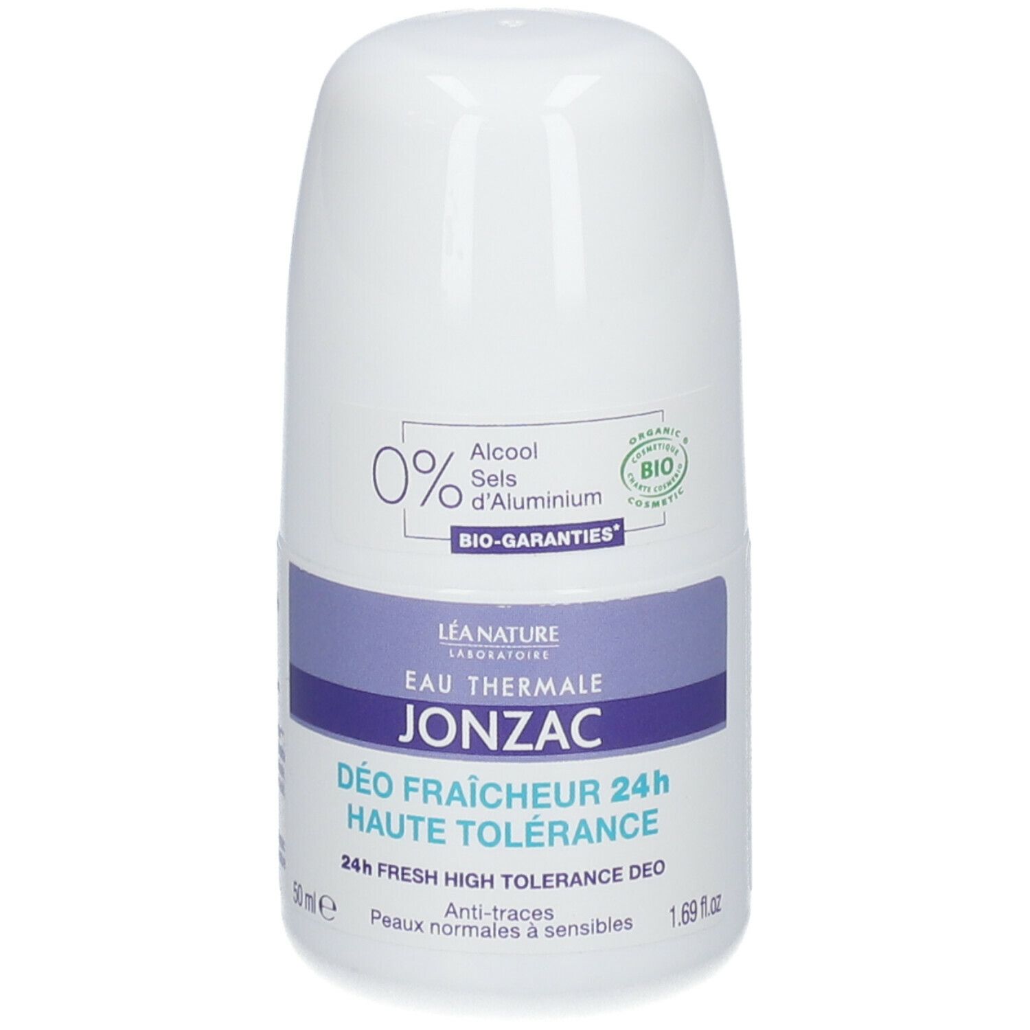 Deodorante roll-on bianco con dettagli viola. Testo: Eau Thermale Jonzac, Déo Fraîcheur 24h Haute Tolérance. 0% alcool, senza sali di alluminio.