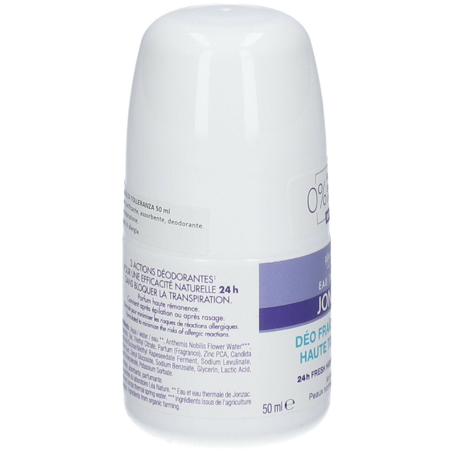 Retro del deodorante roll-on bianco. Testo: 3 Actions Déodorantes, pour une efficacité naturelle 24h sans bloquer la transpiration. Ingredienti.