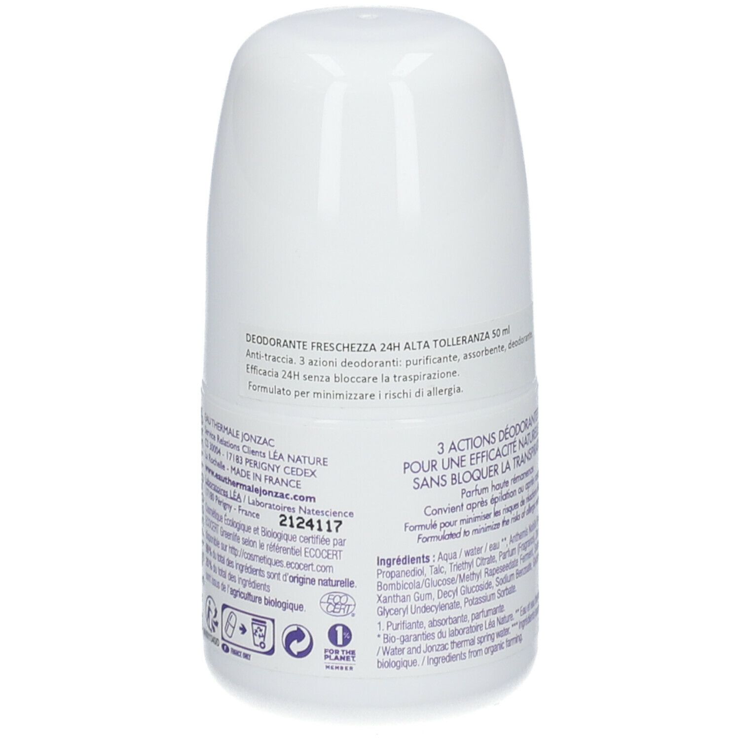 Retro del deodorante roll-on bianco. Testo: Eau Thermale Jonzac, prodotto in Francia. Informazioni sulla certificazione ecologica.