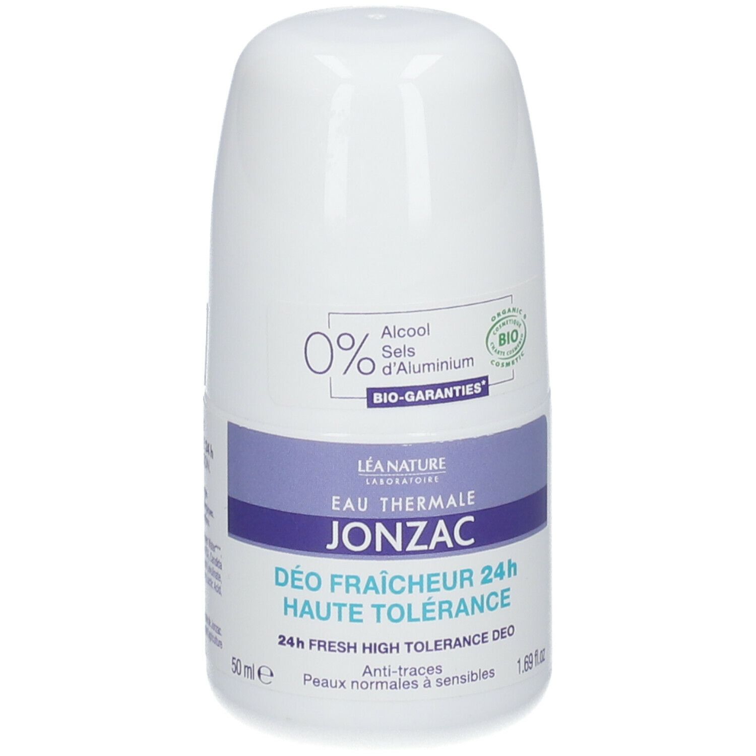 Deodorante roll-on bianco con dettagli viola. Testo: Eau Thermale Jonzac, Déo Fraîcheur 24h Haute Tolérance. 0% alcool, senza sali di alluminio.