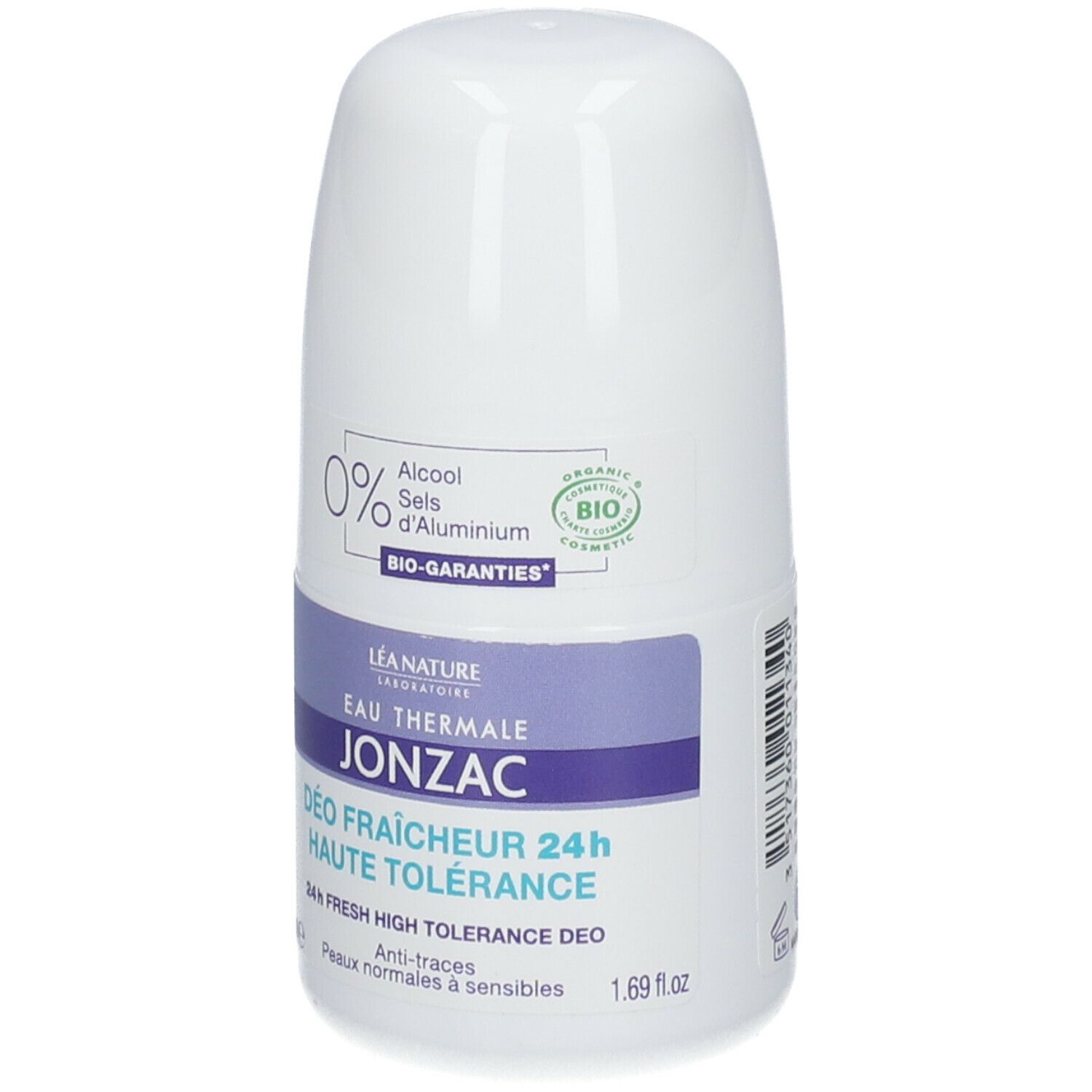 Deodorante roll-on bianco con dettagli viola. Testo: Eau Thermale Jonzac, Déo Fraîcheur 24h Haute Tolérance. 0% alcool, senza sali di alluminio.