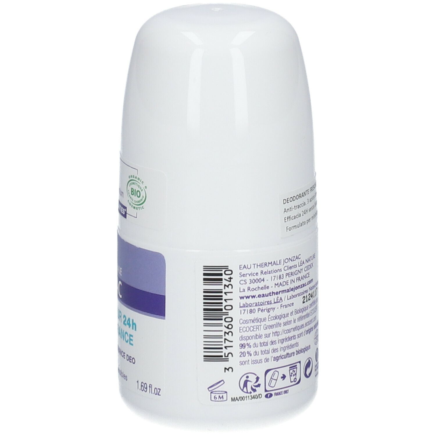 Retro del deodorante roll-on bianco. Testo: Eau Thermale Jonzac, prodotto in Francia. Informazioni sulla certificazione ecologica.