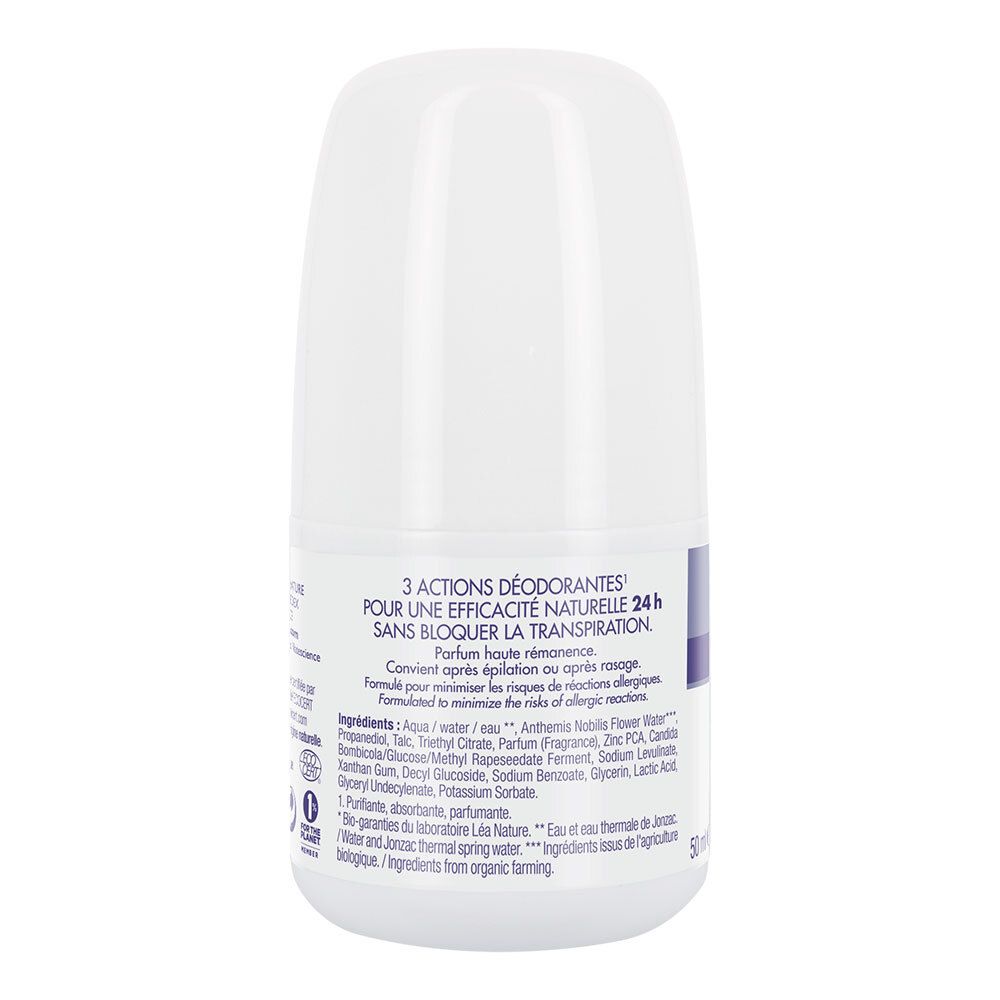 Retro del deodorante roll-on bianco. Testo: 3 Actions Déodorantes, pour une efficacité naturelle 24h sans bloquer la transpiration. Ingredienti.
