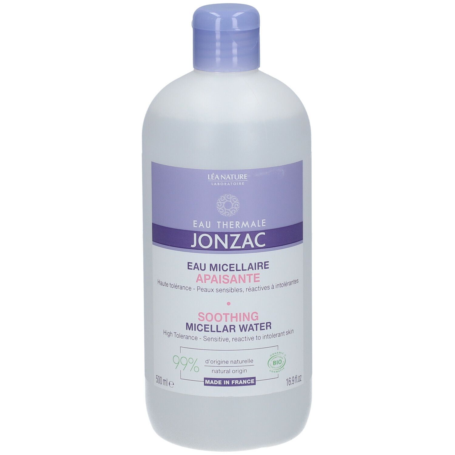 Flacone Eau Thermale Jonzac Acqua Micellare Lenitiva Reactive. Prodotto bianco, tappo ed etichetta viola. Certificazione BIO.