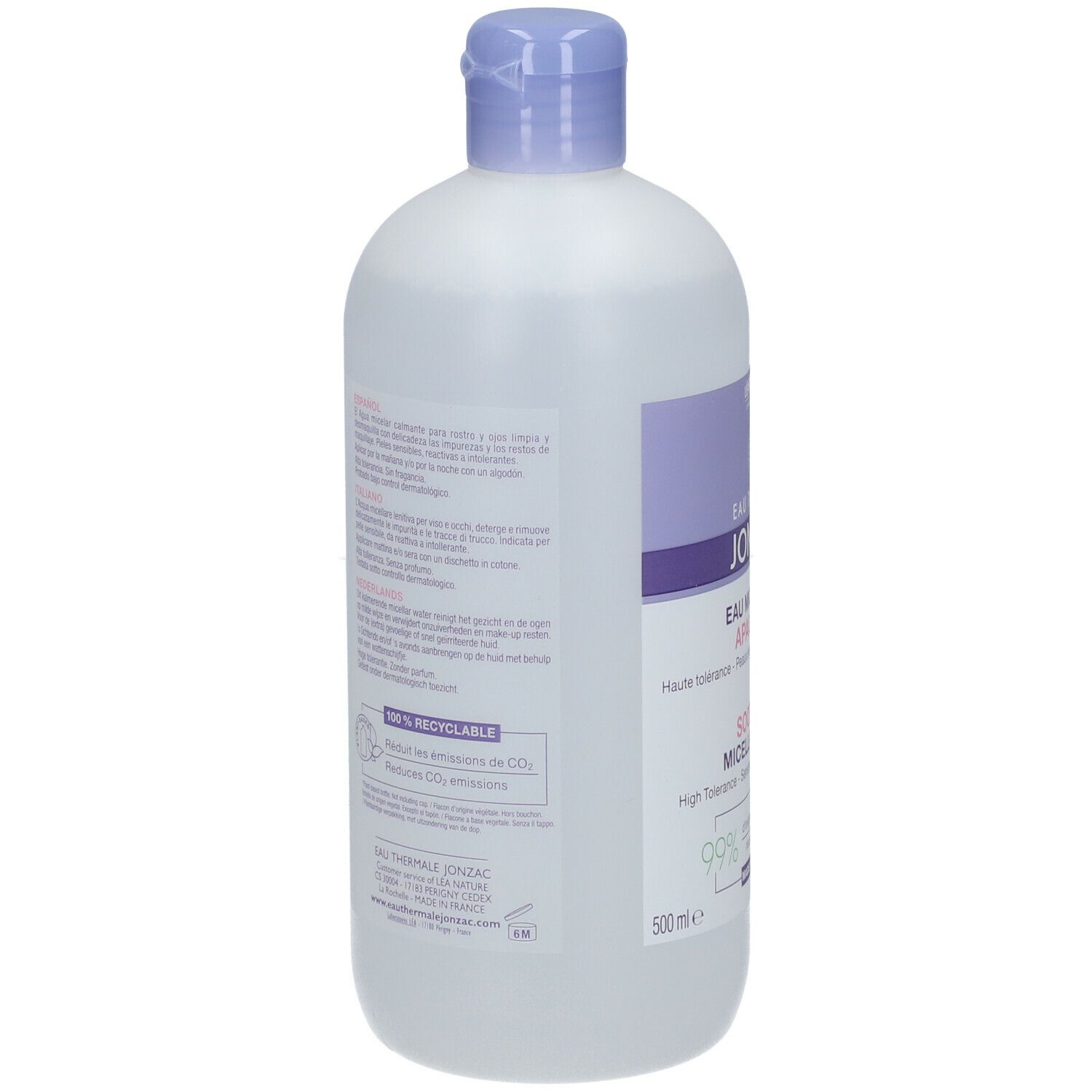 Retro del flacone Eau Thermale Jonzac Acqua Micellare Lenitiva Reactive. Testo multilingue. 100% riciclabile.