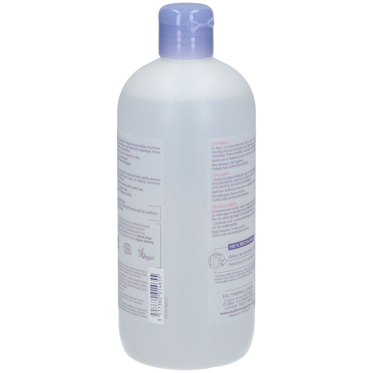 Retro del flacone Eau Thermale Jonzac Acqua Micellare Lenitiva Reactive. Testo multilingue. Certificazione BIO.