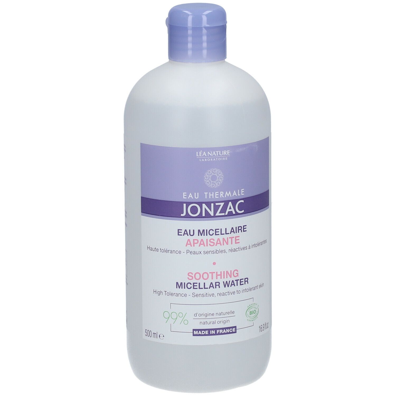 Flacone Eau Thermale Jonzac Acqua Micellare Lenitiva Reactive. Prodotto bianco, tappo ed etichetta viola. Certificazione BIO.