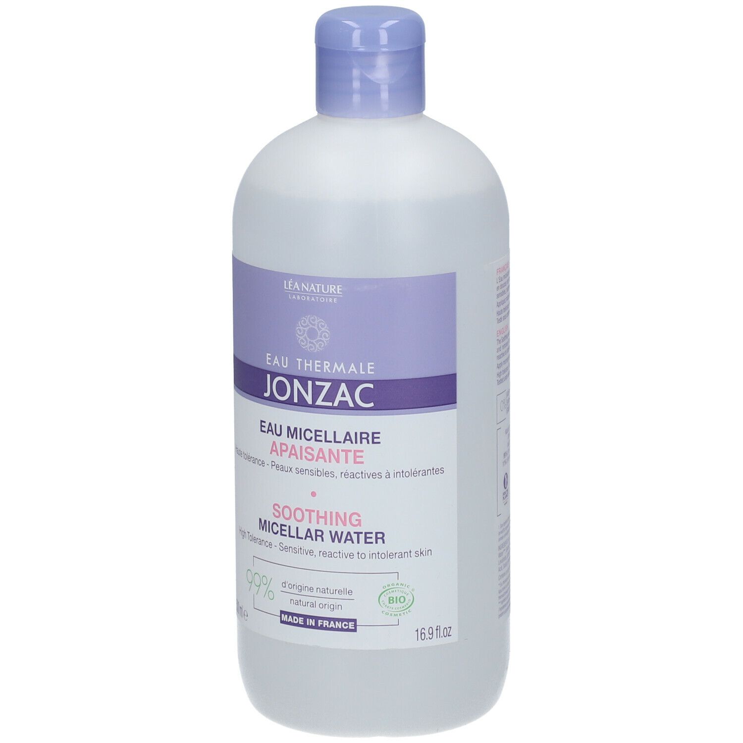 Flacone Eau Thermale Jonzac Acqua Micellare Lenitiva Reactive. Prodotto bianco, tappo ed etichetta viola. Certificazione BIO.