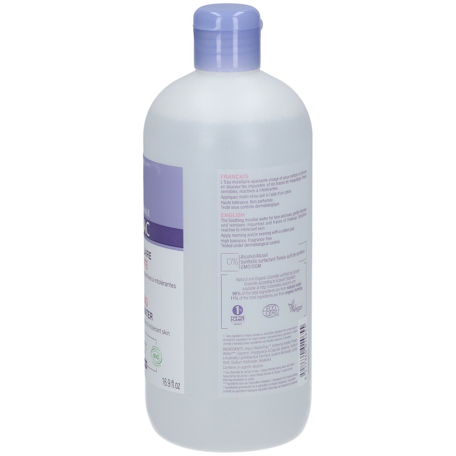 Retro del flacone Eau Thermale Jonzac Acqua Micellare Lenitiva Reactive. Testo multilingue. Certificazione BIO.