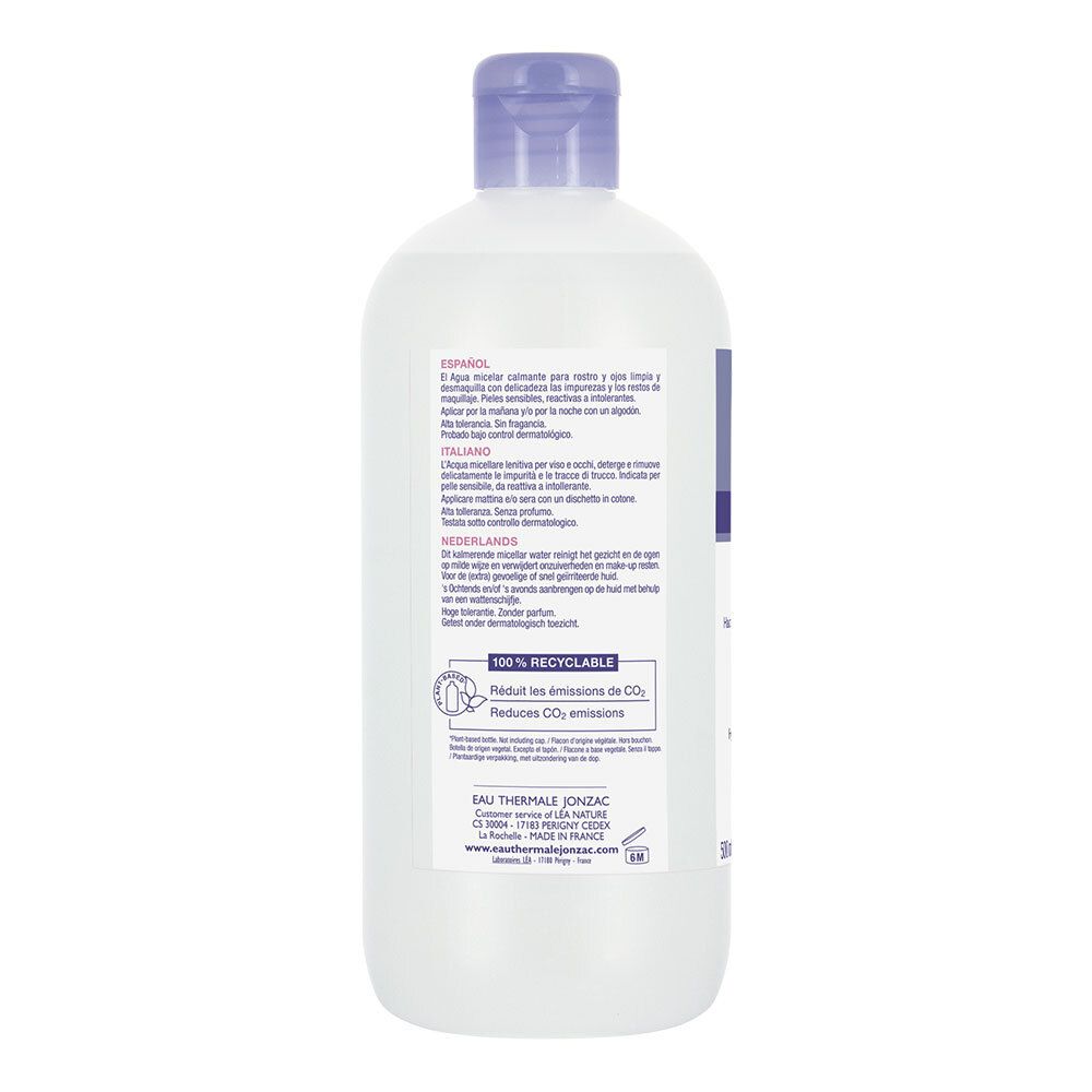 Retro del flacone Eau Thermale Jonzac Acqua Micellare Lenitiva Reactive. Testo multilingue. 100% riciclabile.