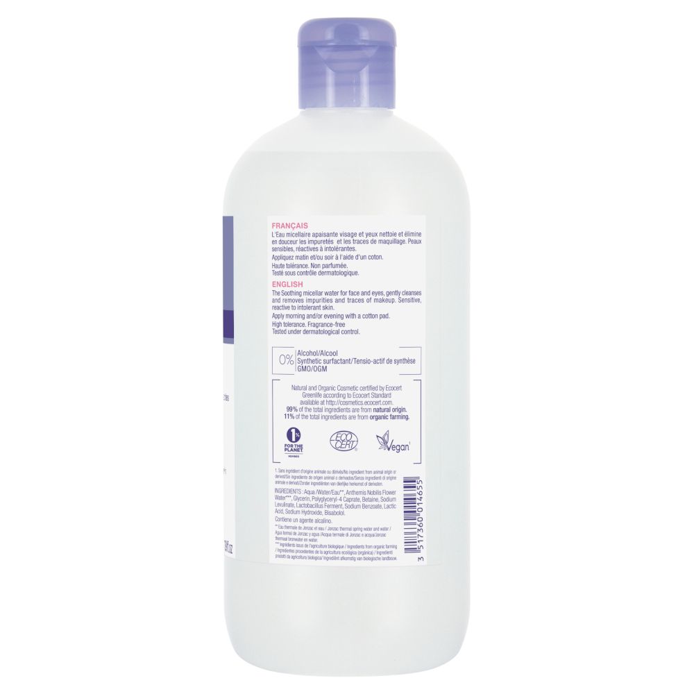 Retro del flacone Eau Thermale Jonzac Acqua Micellare Lenitiva Reactive. Testo multilingue. Certificazione BIO.