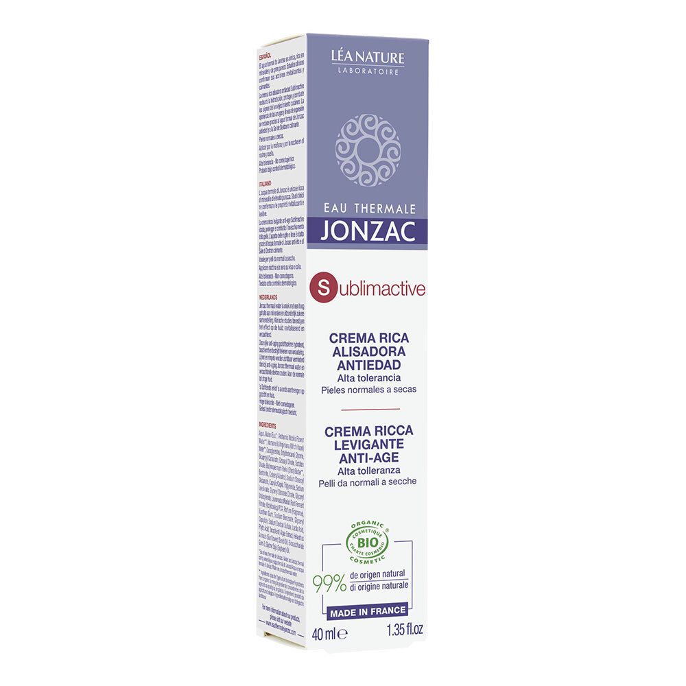 Tubo e confezione di crema. Scritta: Eau Thermale Jonzac, Sublimactive, Crema Ricca Levigante Anti-Age. Certificazione bio.