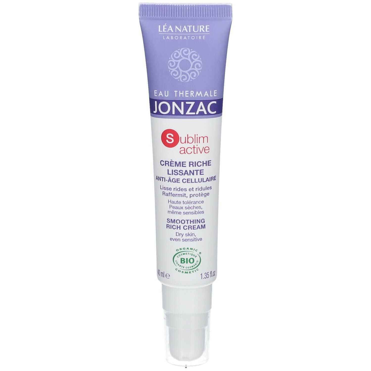 Tubo di crema. Scritta: Eau Thermale Jonzac, Sublimactive, Crème Riche Lissante Anti-Âge Cellulaire. Certificazione bio. 40 ml.