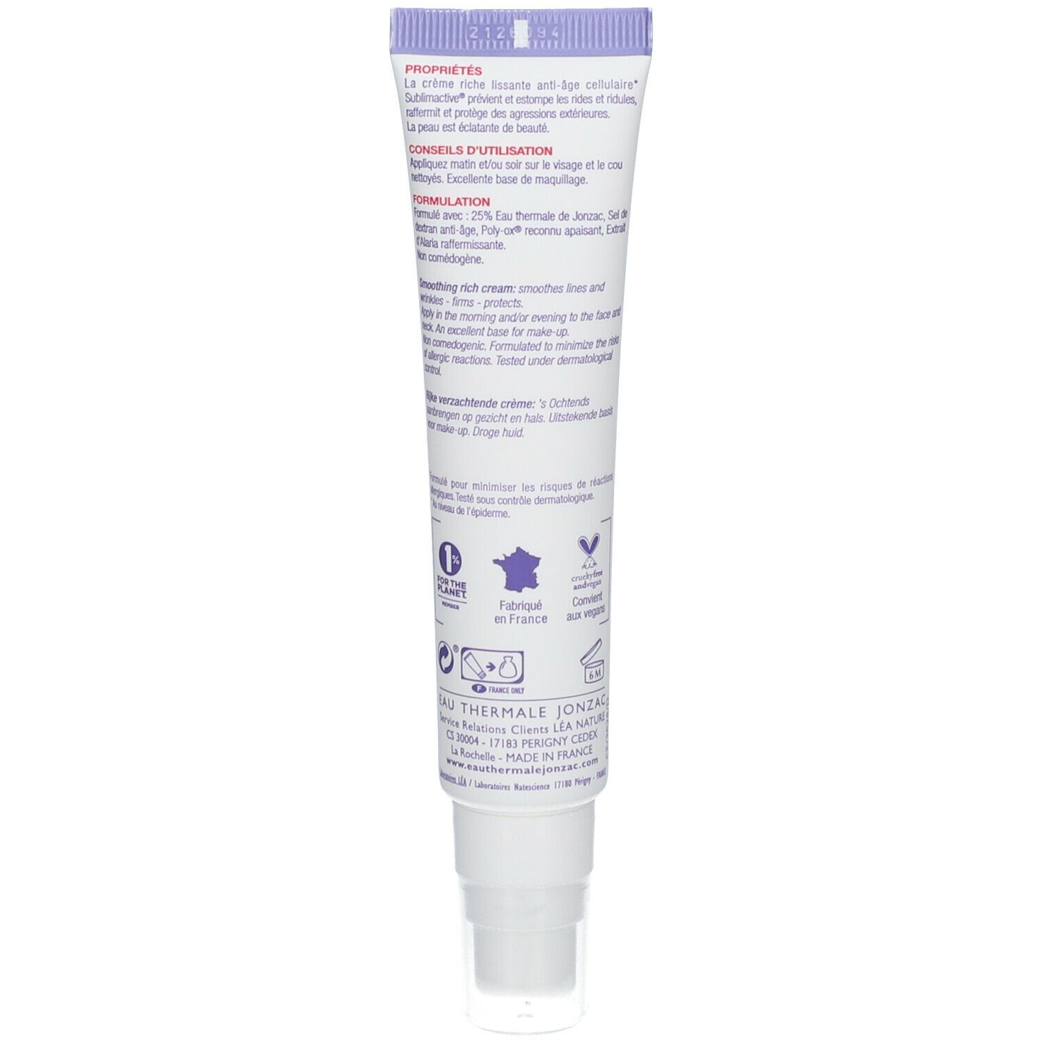 Retro del tubo di crema. Testo su proprietà e utilizzo. Certificazione bio. Fatto in Francia. Logo vegano.