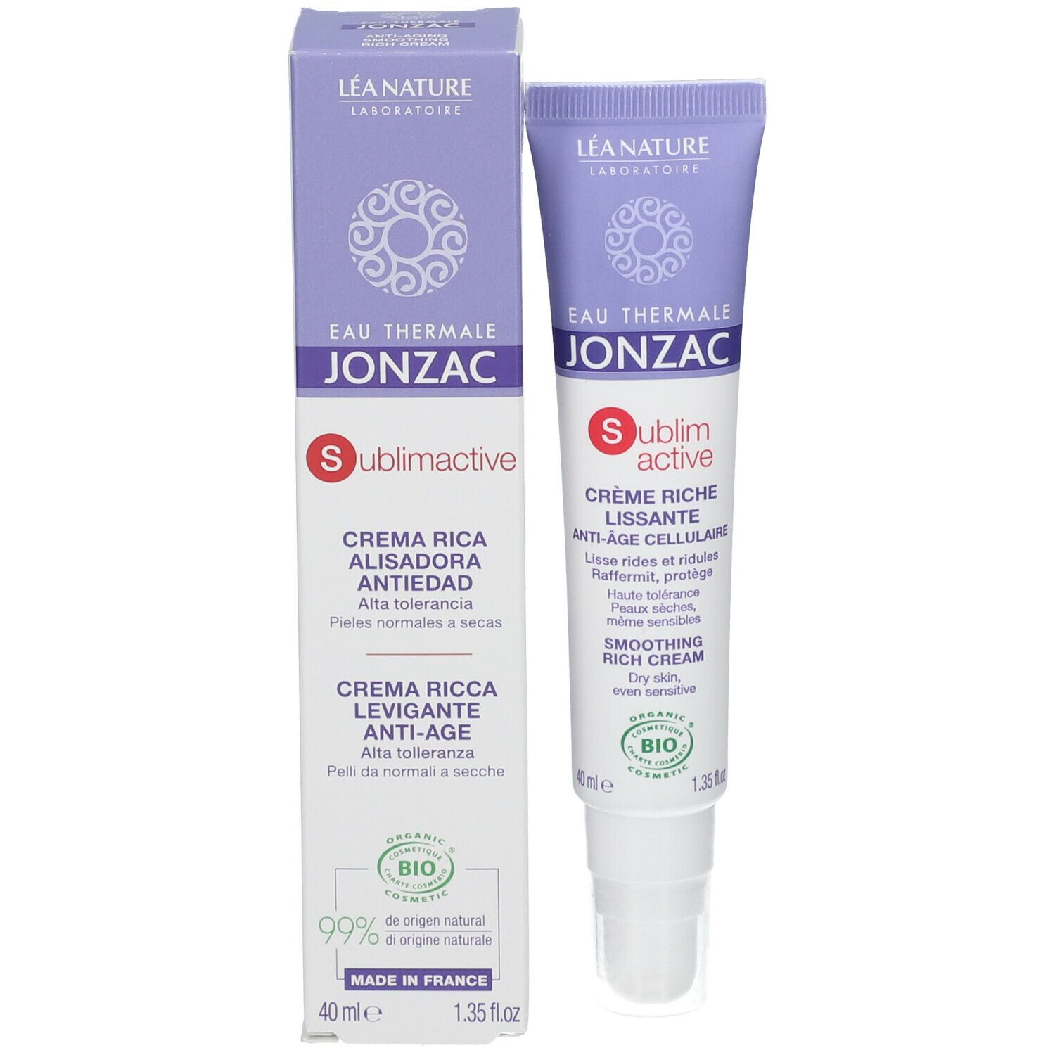 Tubo di crema e confezione. Scritta: Eau Thermale Jonzac, Sublimactive, Crema Ricca Levigante Anti-Age. Certificazione bio.