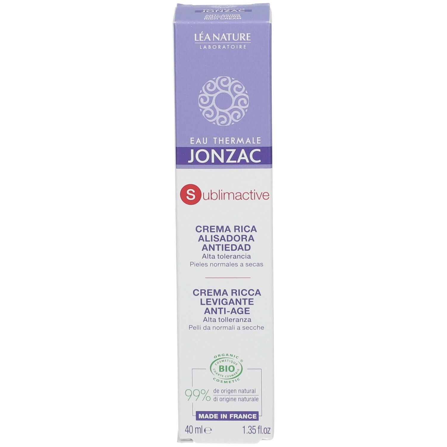 Confezione stretta. Scritta: Eau Thermale Jonzac, Sublimactive, Crema Ricca Levigante Anti-Age. Certificazione bio. 40 ml.